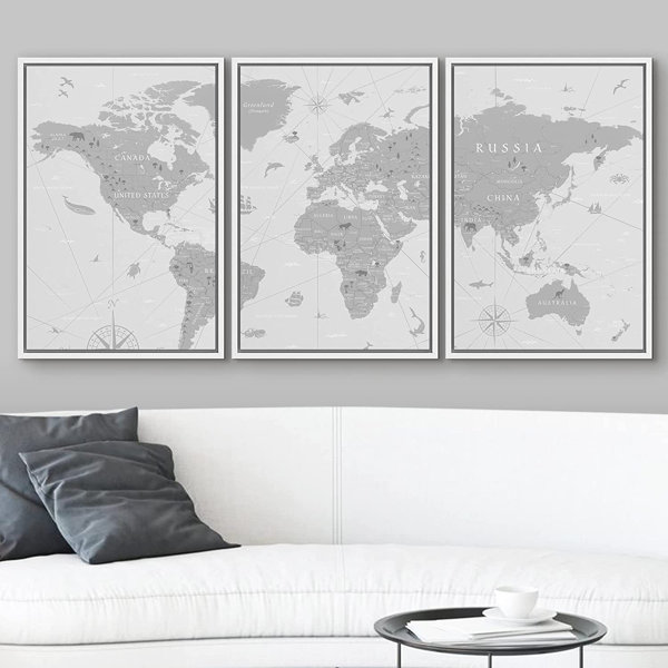 World Map Global On Canvas 3 Pieces Print 